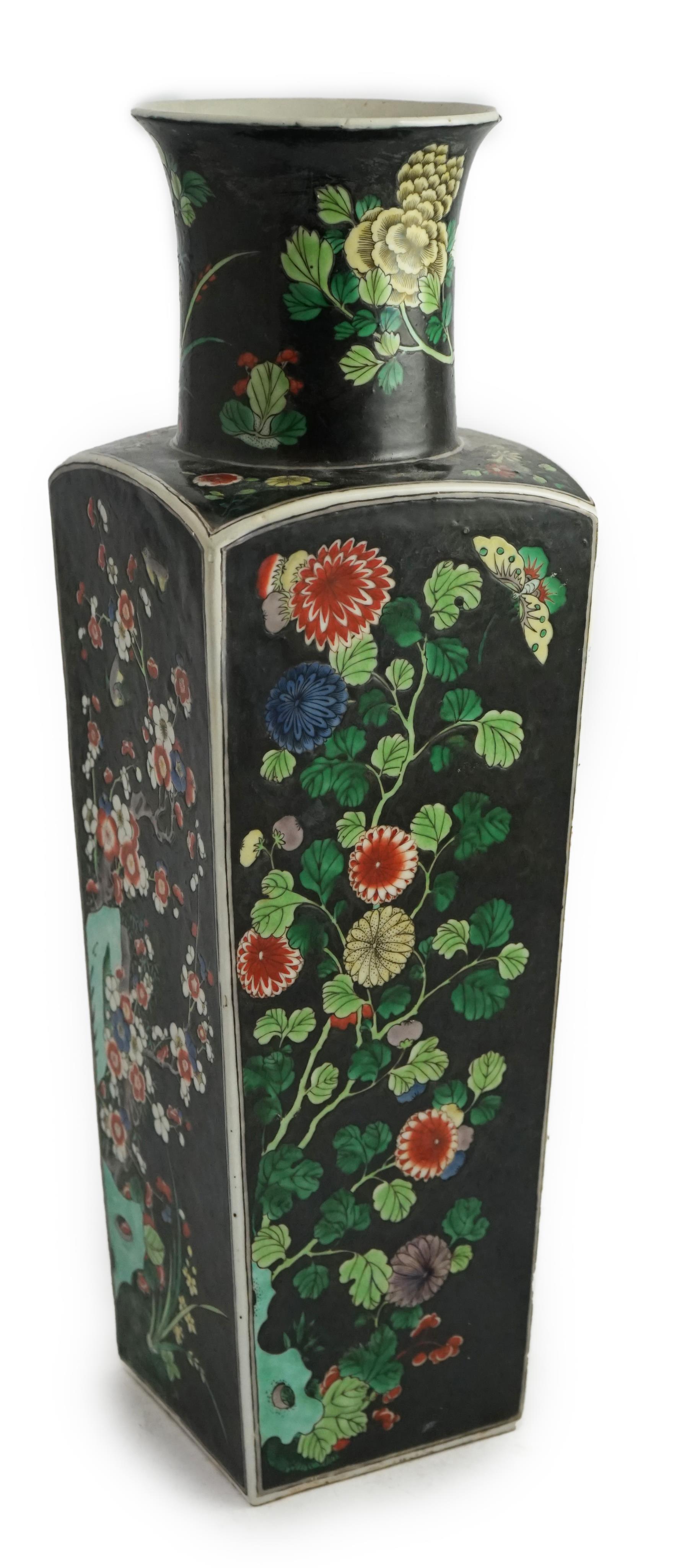 A large Chinese famille noire square baluster vase, 19th century in Kangxi style